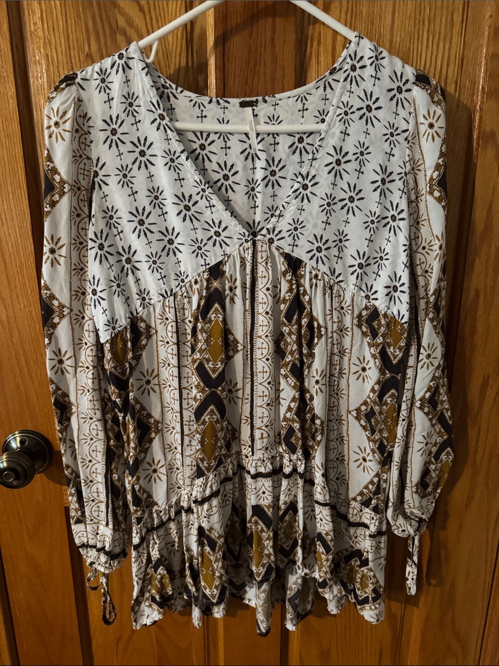 FREE PEOPLE XS Down By the Bay Tunic Baby Doll Blouse | Black Brown Gold